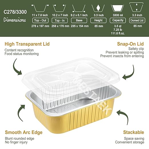 11"x8" Sturdy Foil Pans + Snap-On Lids (5 Pack) | 2X Thicker Heavy Duty Reusable 112oz | Grill Oven Microwavable Pot | 3.3" Deep Disposable Aluminum Tin for Baking, Cooking