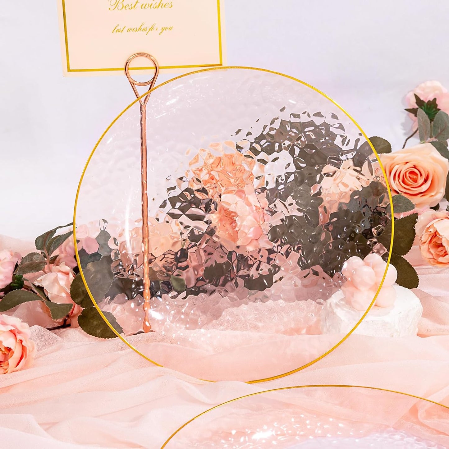 DaYammi 175 Pcs Pink Plastic Plates Dinnerware Set (25 Guests), Pink Disposable Plates With Gold Rim, Hammered Party Platos Set Include Dinner Platos, Dessert Plates, Cups, Cutlery for Party