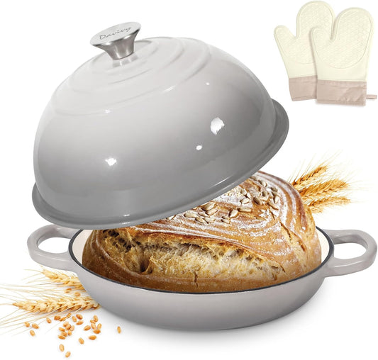 Davivy 5.5QT Enameled Cast Iron Dutch Oven, 10" Round Bread Dutch Oven, Sourdough Bread Baking Pan, Enameled Cast Iron Bread Oven, with Silicone Oven Mitts - Light Grey