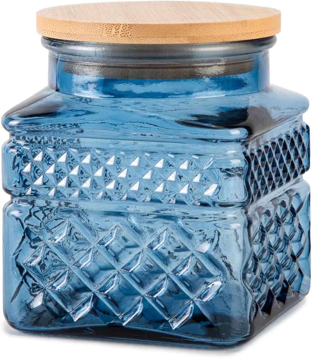 Glass Storage Canister with Airtight Lids, 20.3 oz Candy Jar Cute Jar for Ground Coffee, Tea Bag, Snacks Vintage Decorative Glass Jars for Coffee Bar Kitchen Counter Table