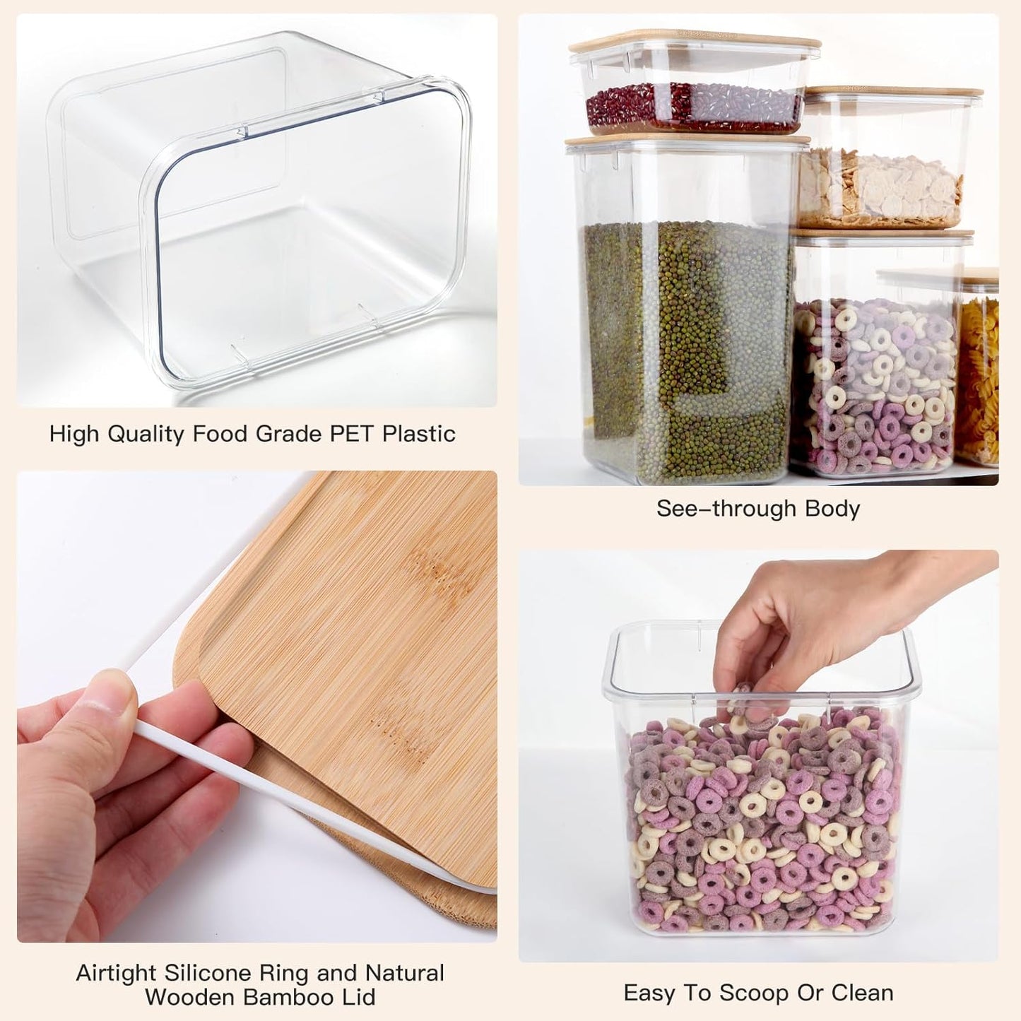 Large Capacity Plastic Food Storage Containers with Bamboo Lid - Moisture-proof Sealing Box Jars with Wooden Lids for Kitchen Storage (128 OZ - L)