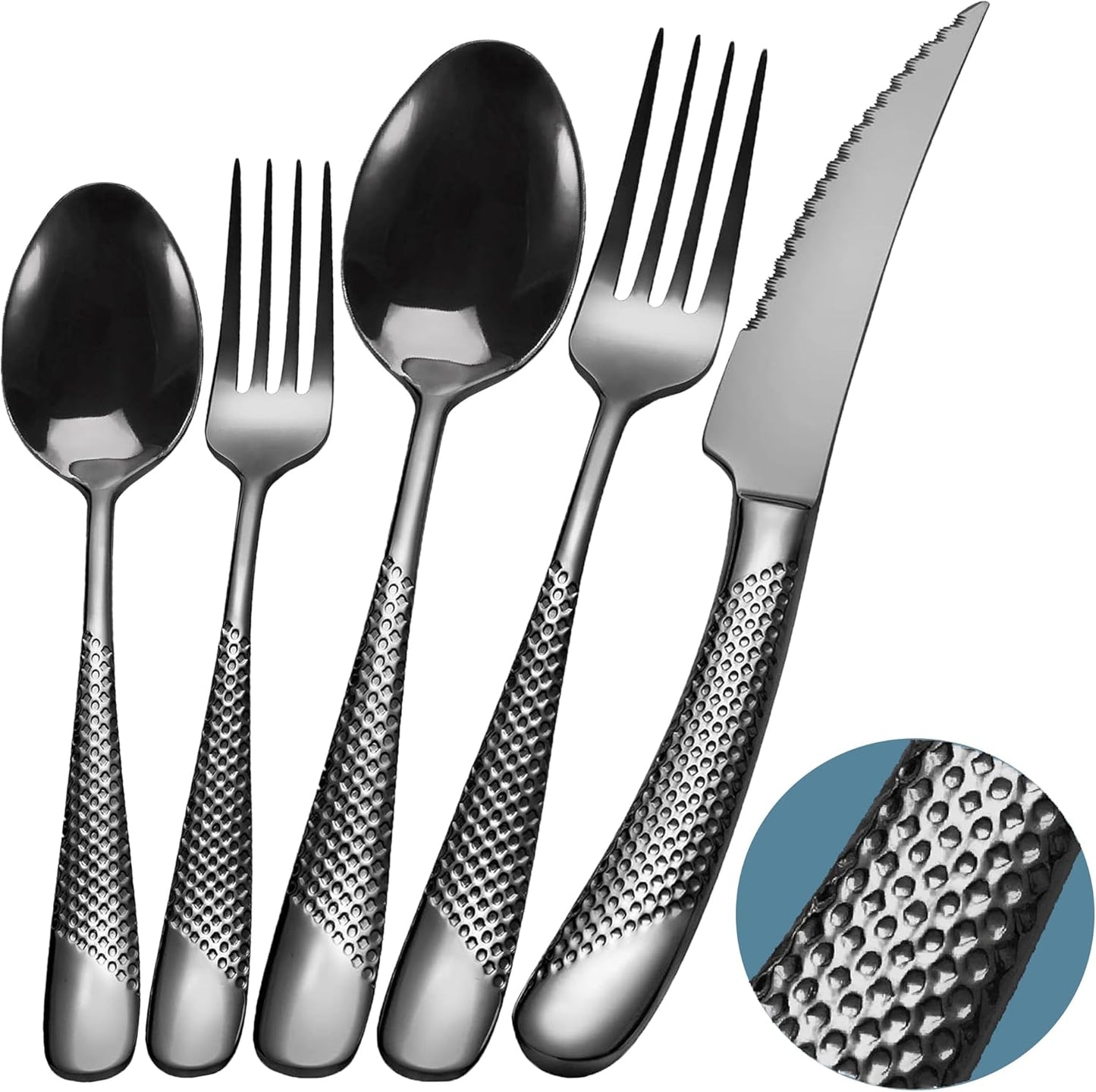 Runfly 20 Piece Hammered Black Silverware Set, 18/10 Stainless Steel Flatware Set, Modern Kitchen Utensil Set Service for 4, Tableware Set, Cutlery Set Including Fork Spoon and Knife