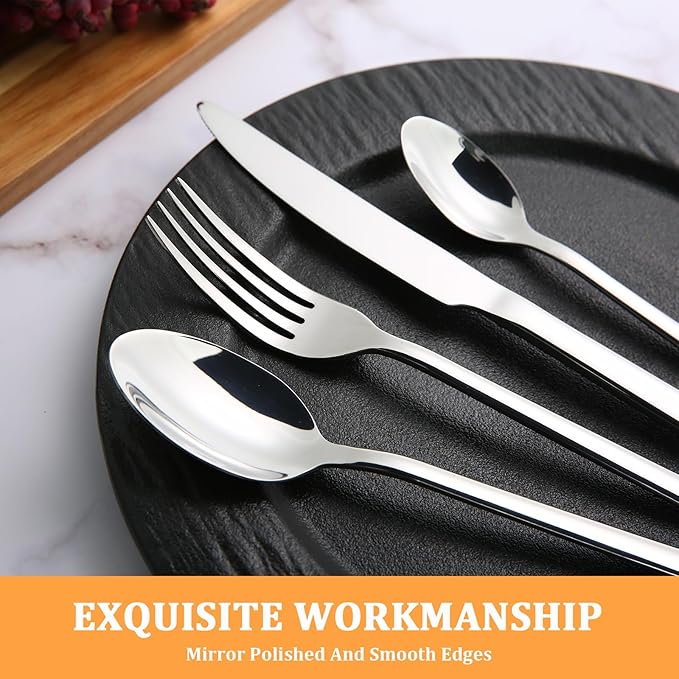 KOOMADE-Reverie 24 Piece Flatware Set Silverware Stainless Steel Flatware Utensils Cutlery Set Including Steak Knife Fork and Spoon for Home, Kitchen and Restaurant, Dishwasher Safe