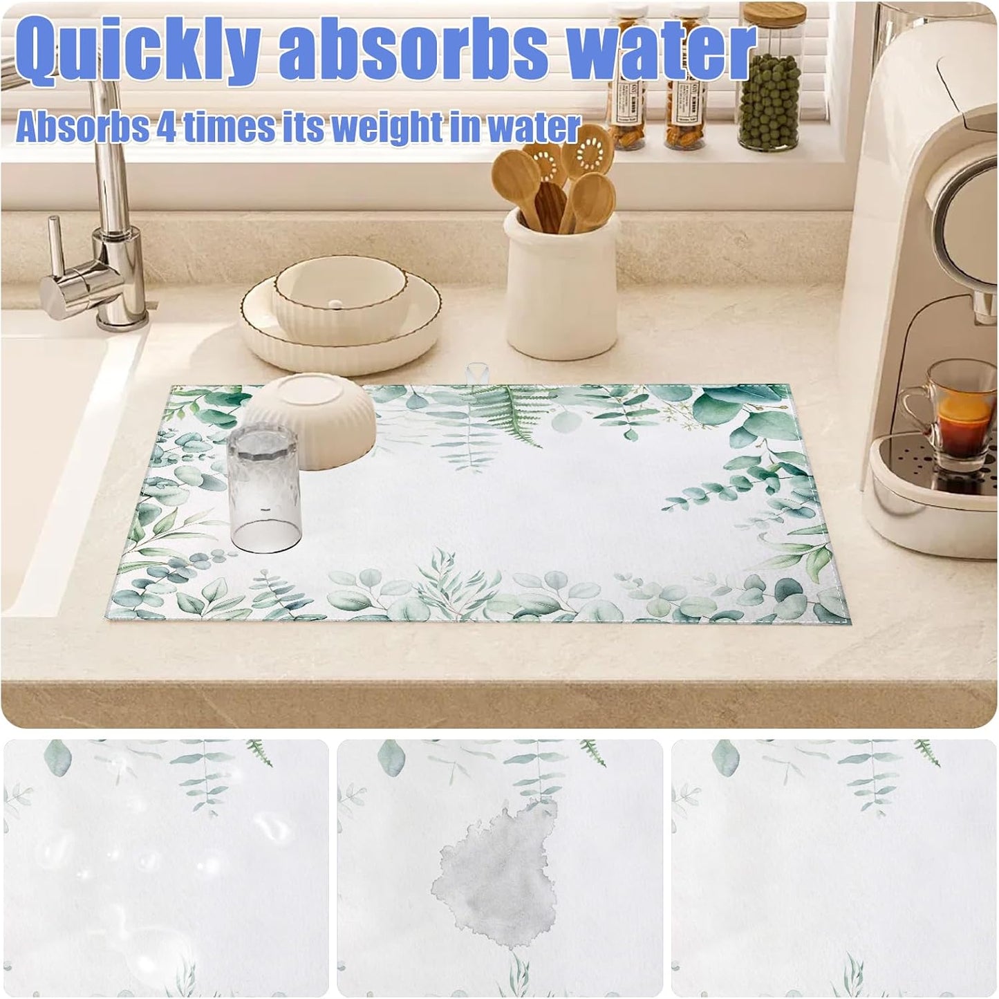 Sage Eucalyptus Dish Drying Mat for Kitchen Counter Spring Summer Drying Pad Absorbent Reversible Dish Drainer Rack Mats Draining Pad 18"x24"Inch