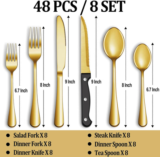 48 Pcs Gold Silverware Set with Steak Knives, Stainless Steel Flatware Cutlery Set Service for 8, Kitchen Tableware Sets, Utensil Sets for Home and Restaurant, Knives Forks Spoon, Dishwasher Safe