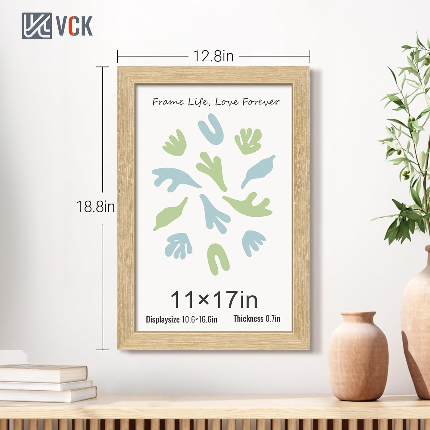 VCK 11x17 Picture Frame 5 Pack - Oak, Natural Solid Wood Poster Frames, Wall Gallery Frame