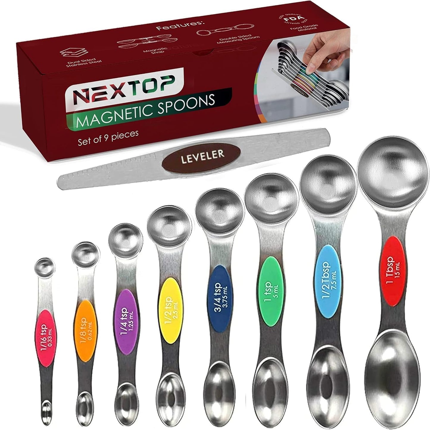 Magnetic Measuring Spoons Set of 9 Stainless Steel Dual-Sided Stackable Measuring Spoon Nesting Teaspoons Measuring Dry and Liquid Ingredients, Fits in Spice Jars Set of 9 (Multicolor)