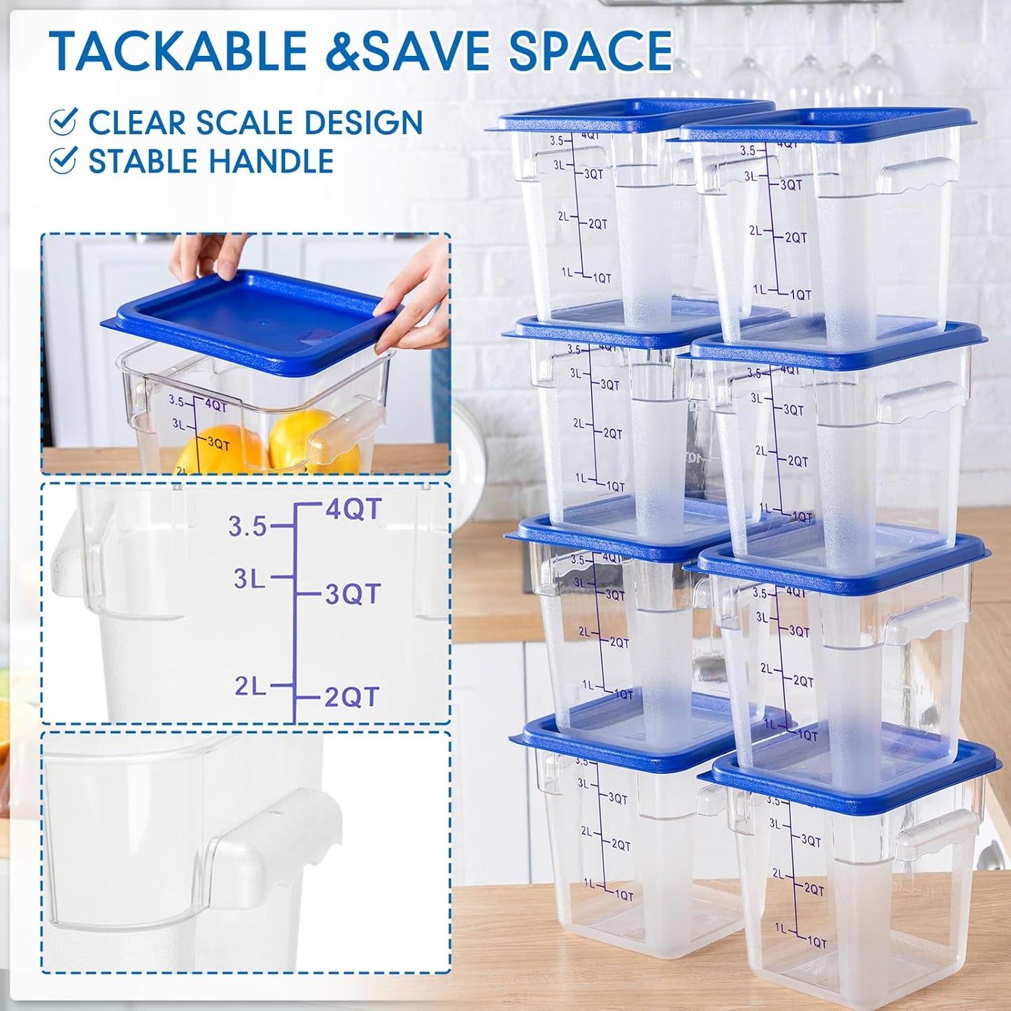 Lallisa 8 Pack 4 Qt Clear Food Storage Container with Handles and Lid Commercial Grade Square Food Storage Containers with Lids Polycarbonate Storage Container for Home Kitchen Restaurant