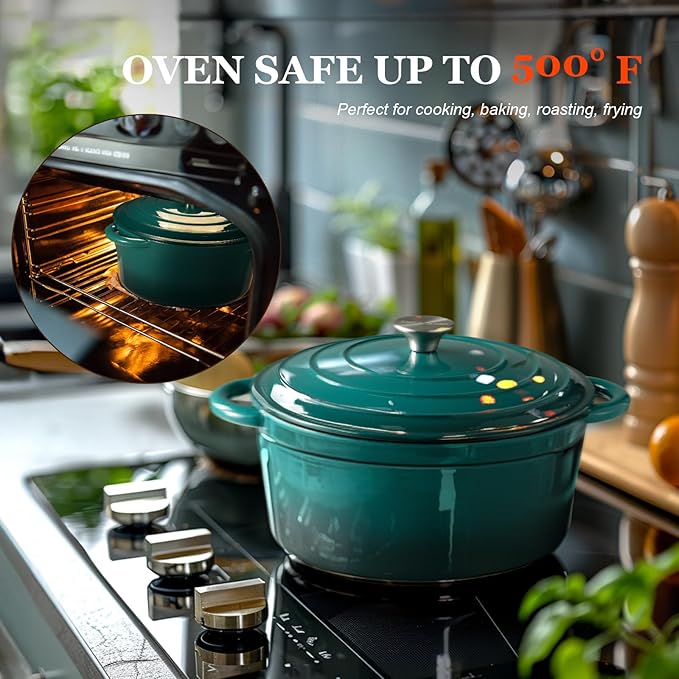 Overmont Enameled Cast Iron Dutch Oven - 7QT Pot with Lid Cookbook & Cotton Potholders - Heavy-Duty Cookware for Braising, Stews, Roasting, Bread Baking bottle green