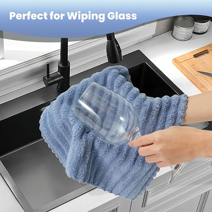 Kitchen Dish Cloths,Super Absorbent Coral Velvet Dish Towels,Quick Drying Kitchen Towels No Lint Dish Rags,Reusable Household Microfiber Cleaning Cloth,12X12 inches (12 Pack,Navy Blue Streak)