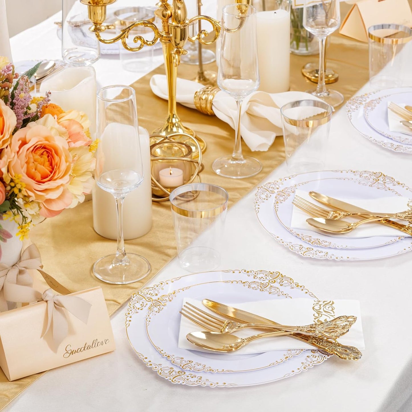 YOUBET 700PCS Gold Plastic Dinnerware Set - White and Gold Disposable Plates for 100 Guest - 200 Disposable Plates, 300 Heavy Duty Plastic Silverware, 100 Cups,100 Napkins for Wedding Thanksgiving