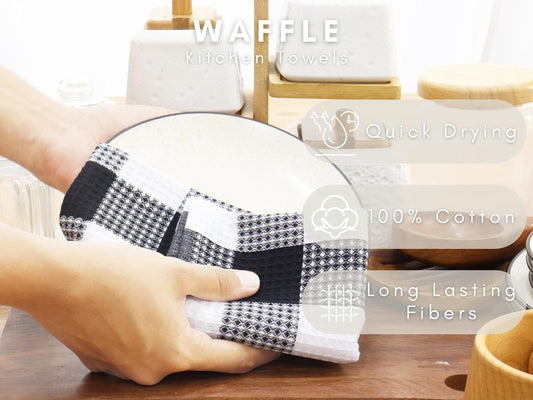 PurpleEssences 100% Cotton Waffle Weave Check Plaid Kitchen Towels, Super Soft and Absorbent Dish Towels for Drying Dishes 15 x 25-6 Pack - Fall Thanksgiving - Black and White