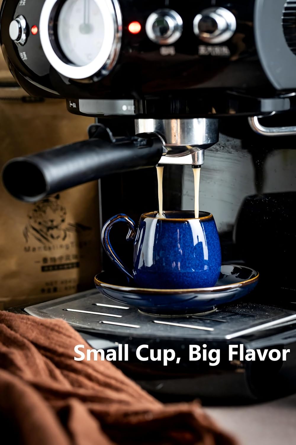 LYEOBOH 3 Ounce Espresso Cups Set of 6, Ceramic Small Coffee Cups with Saucers, Cute Demitasse Cups and Metal Stand with Spoons for Great Gift, Mini Cafe Cup for Espresso, Mocha, Tea - Cobalt Blue