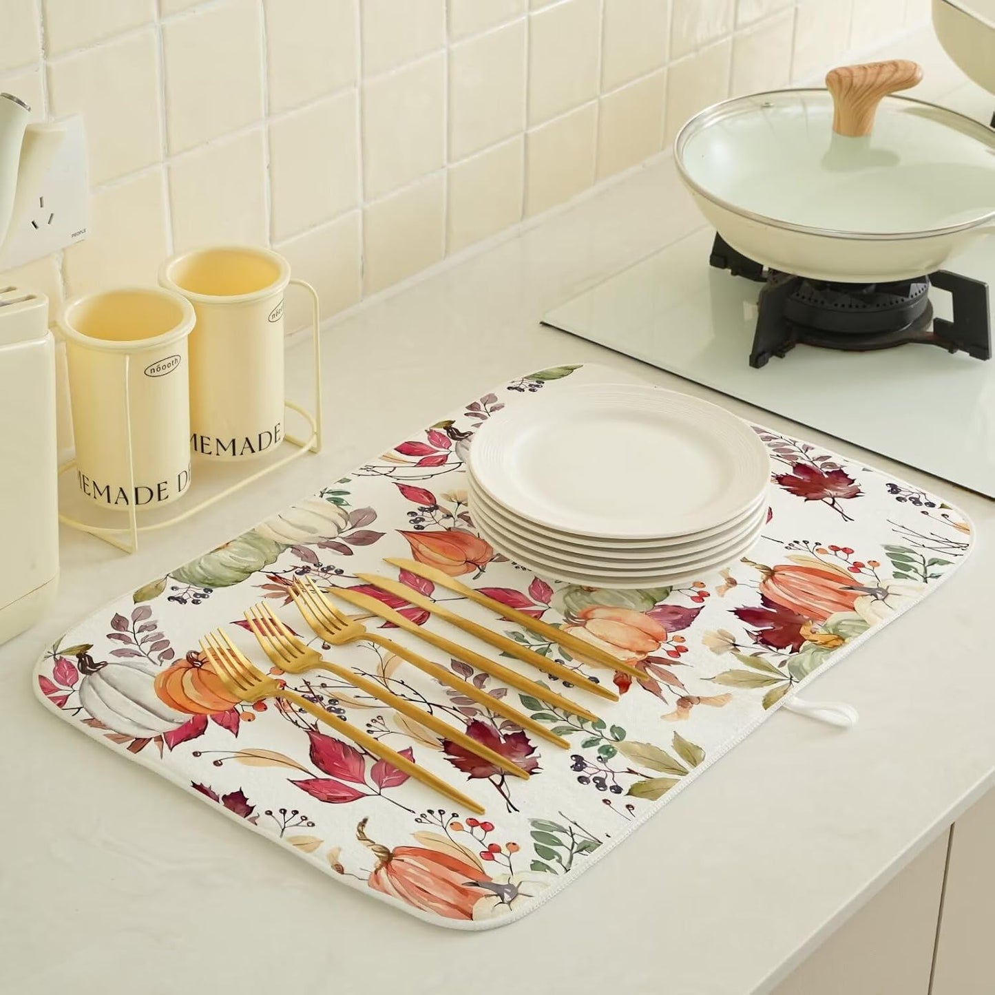 Fall Autumn Dish Drying Mat 18 x 24 inch Thanksgiving Pumpkin Maple Leaf Flower Decorative Drying Mats Microfiber Absorbent Dish Washable Draining Mat for Kitchen Counter Decor