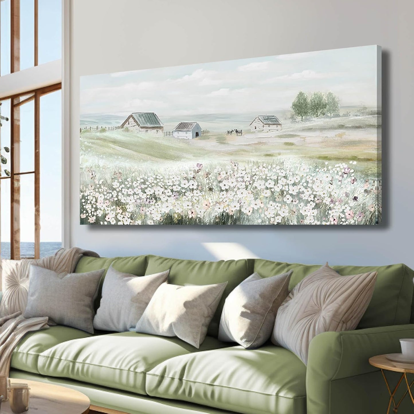 VAYIMDH Farmhouse Wall Art White Flowers Painting Rustic Scenery Green Pictures Wall Decor 24"x 48" Meadow Prints for Living Room Dining Room Bedroom Aesthetic
