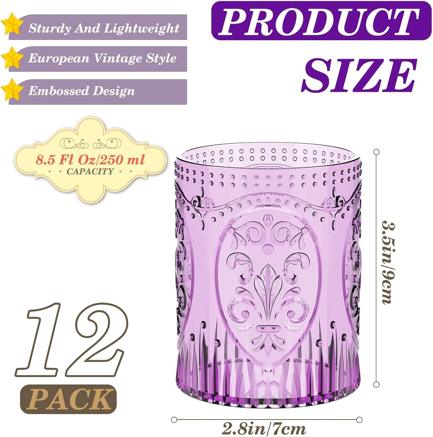 12 Plastic Vintage Drinking Glasses 8.5oz Stemless Retro Embossed Wine Glasses Shatterproof Reusable Cups for Baby Shower Wedding Reception Grand Event Party (Purple)