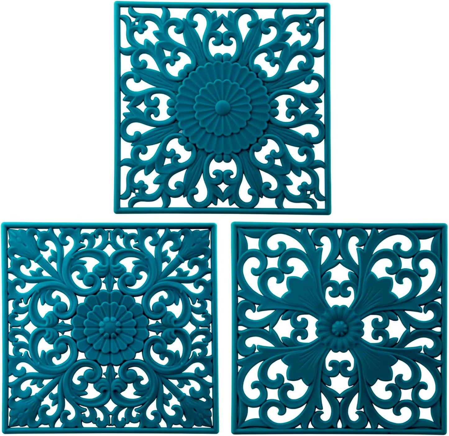 Silicone Trivets for Hot Dishes-Pots&Pans, Square Multi-Use Carved Trivet, Insulated Silicone Mats, Flexible Trivet Mat for Countertop & Tabletop, Pot Holders Hot Pads Set 3 Teal