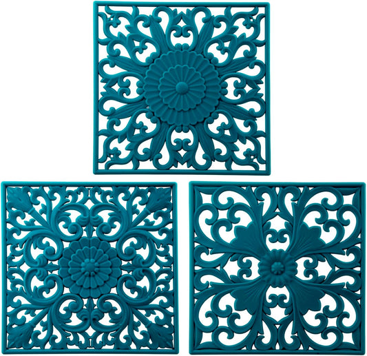 Silicone Trivets for Hot Dishes-Pots&Pans, Square Multi-Use Carved Trivet, Insulated Silicone Mats, Flexible Trivet Mat for Countertop & Tabletop, Pot Holders Hot Pads Set 3 Teal