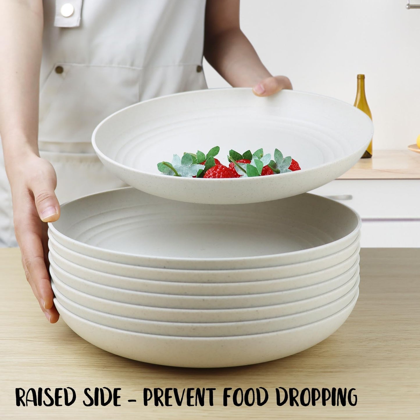 11 Inch Wheat Straw Plates - 8 Piece Set, Unbreakable Dinner Plates, Microwave Safe, Beige