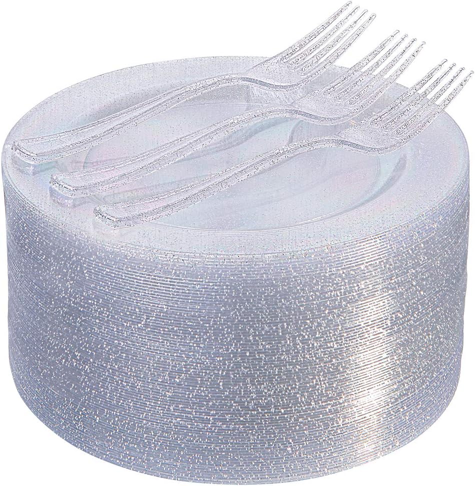 I00000 144Pcs Silver Glitter Dessert Plates Set, Includes 72Pcs Plastic Dessert Plates 7.5",72Pcs Silver Forks 7.4", Plastic Salad Plates for Thanksgiving