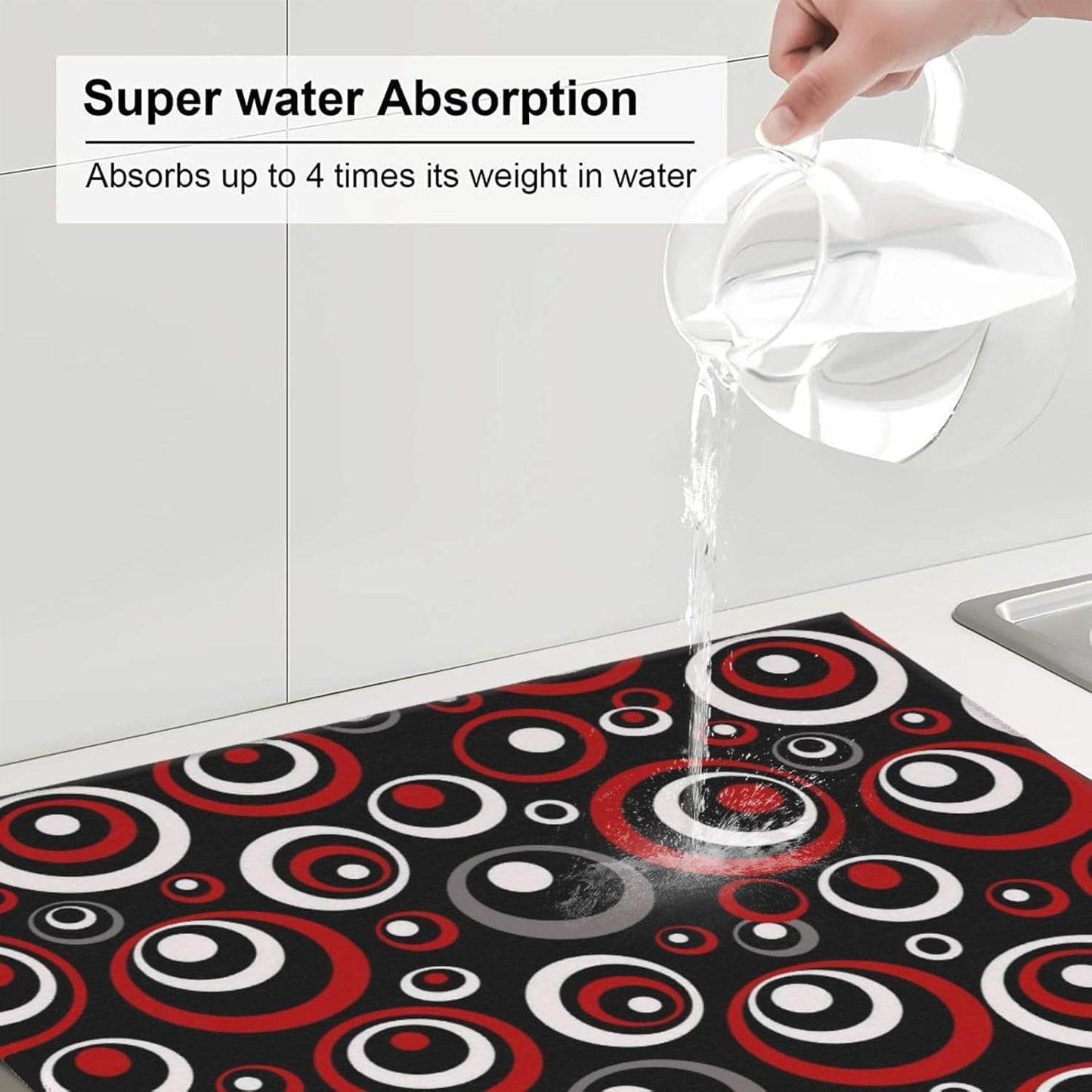 Red Black White Retro Geometric Circle Dish Drying Mats for Kitchen Counter, Absorbent Microfiber Drying Pad for Dishes, Foldable Modern Art Kitchen Mat for Dish Racks & Sink, Home Decor, 16" x 18"