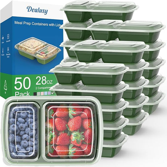 50 Pack (100-Piece) 28 oz Meal Prep Containers Reusable with Lids 2-Compartment, Sturdy Leakproof Food Safe, Microwave Freezer Dishwasher Safe, To Go Take Out Plastic Food Storage, Green