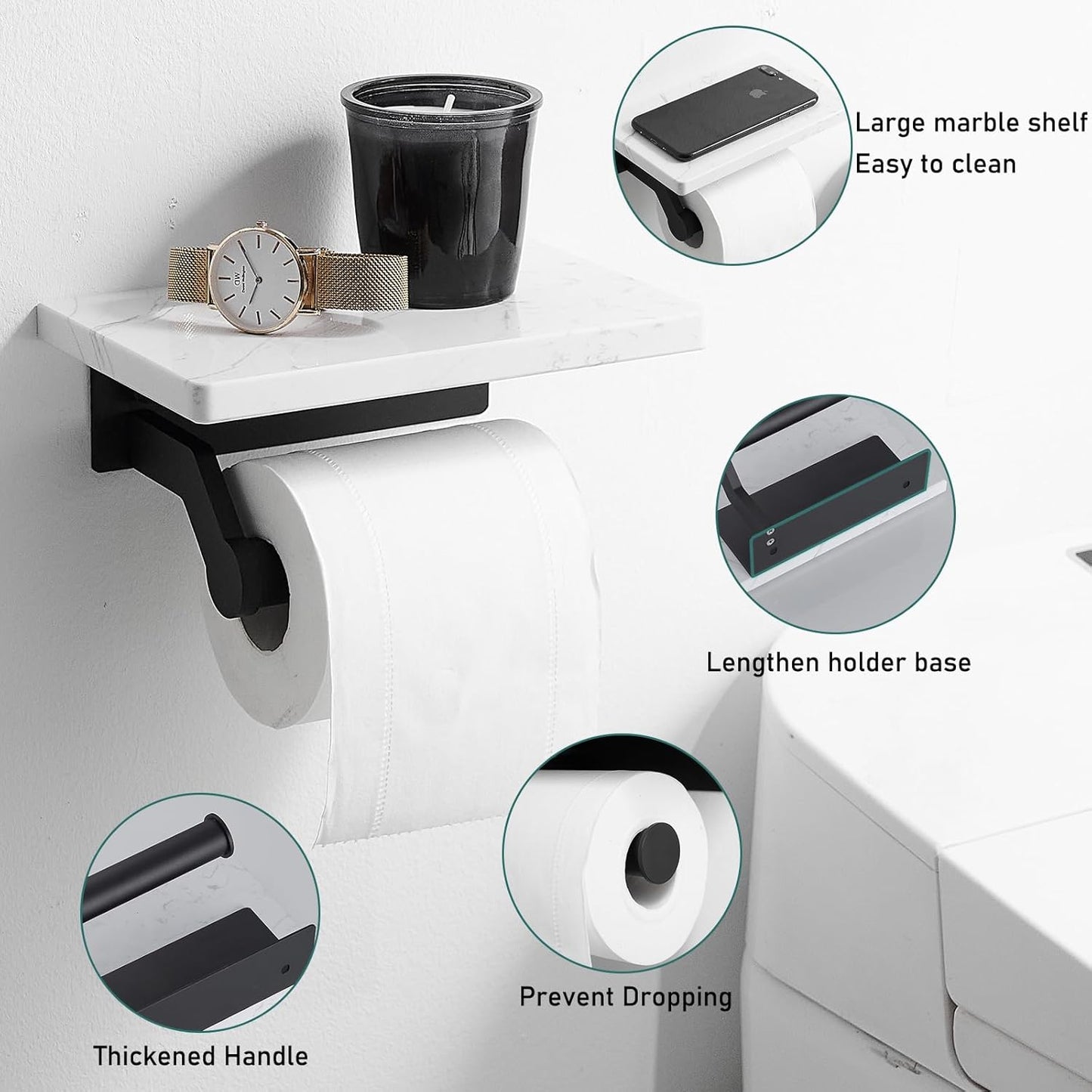 Hoimpro Matte Black Aluminum Toilet Paper Holder with White Natural Marble Shelf, Wall Mounted Tissue Hand Paper Roll Storage Holder for Bathroom Kitchen Washroom Bedroom