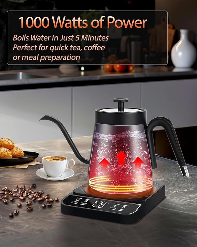 Electric Tea Kettle Gooseneck 27oz 1200w Coffee Quick Heating Hot Water Boiler, Black