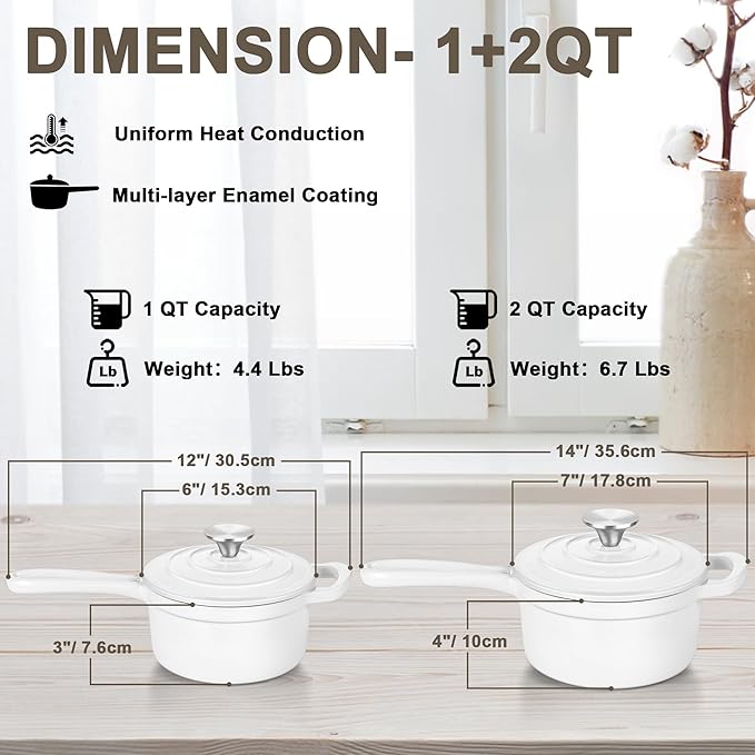 1 Qt & 2 Qt Sauce Pan Sets, Leonyo Enameled Cast Iron Sauce Pan with Lid, Small Saucepan Cast Iron Dutch Oven Kitchen Cookware for All Cooktops Cooking Pasta, Milk, Oatmeal - Up to 500°F, White