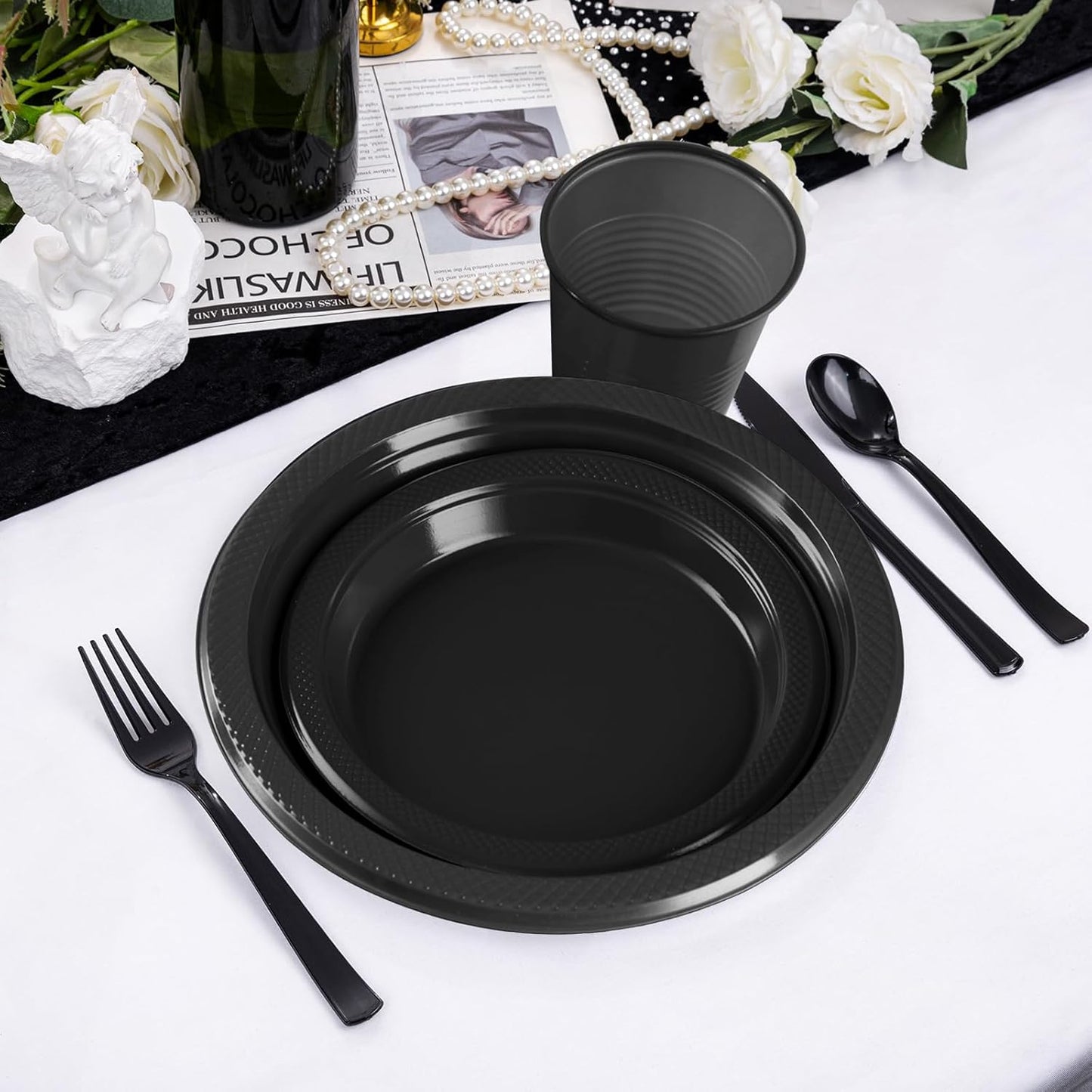 Black Plastic Plates, 25 Guest Disposable Dinnerware Set for Halloween Party, Black Party Supplies, Includes 25 Dinner Plates, 25 Dessert plates, 25 plastic Cutlery, 25 Napkins and 25 12 oz Cups