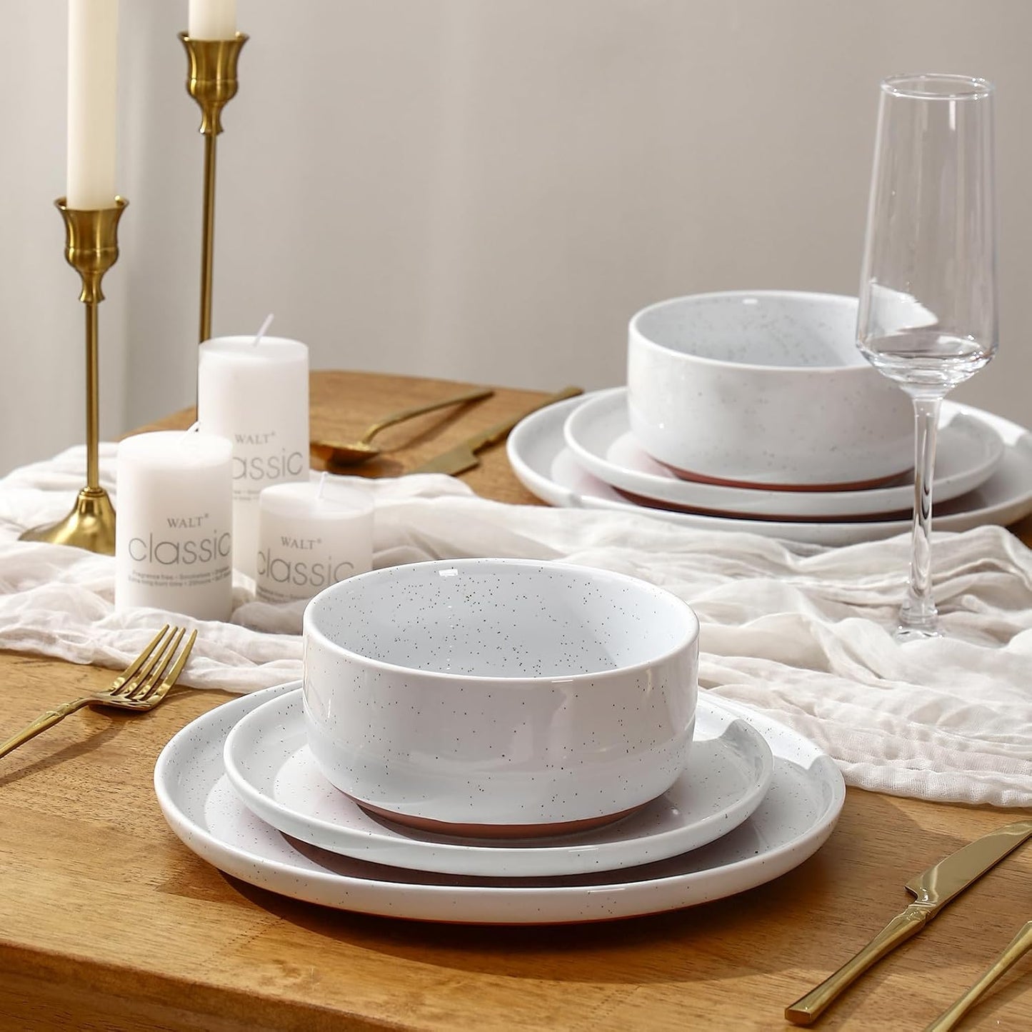 GZG Modern Art Series - 24 Pcs Speckled Stoneware Plates and Bowls Sets, Ceramic Dinnerware Set with Rustic Terracotta Underside, Microwave and Dishwasher Safe Handcrafted Dishes Set - Porcelain White