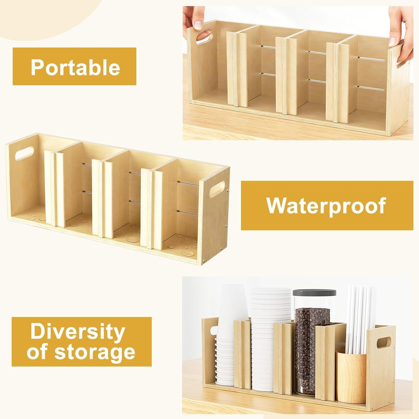 Wood Cup Lid Organizer 4 Compartments with Adjustable Dividers for Counter Wall Mount Disposable Cup and Lid Storage Kitchen Restaurants Fast Food Coffee Shop Supplies (20”W x 7”H x 4.7”D)