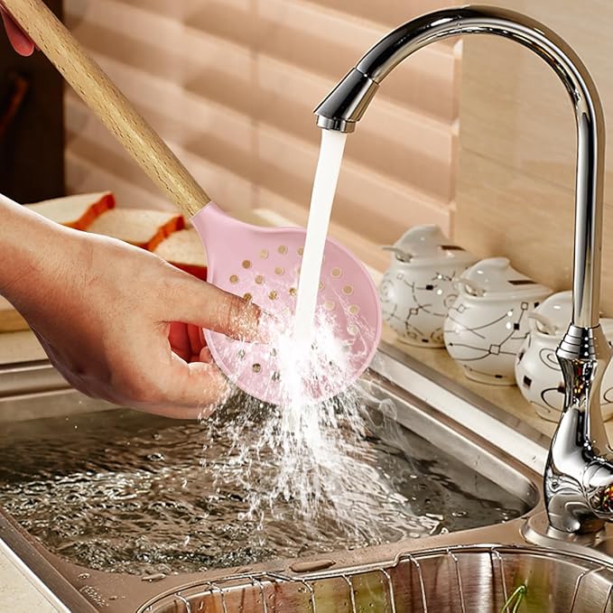 Silicone Kitchen Utensils Set - 446°F Heat Resistant Cooking Utensil Sets, Spatula,Turner,Tongs,Spoon,Brush,Whisk, Wooden Handle Silicone Kitchen Gadgets Tools for Non-Stick Cookware BPA Free (Pink)