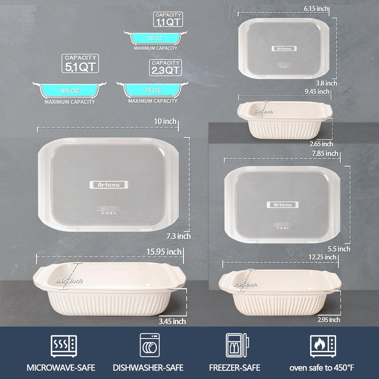 Artena Casserole Dishes For Oven, Ceramic Baking Dish, Large Lasagna Pan With Handles, Baking Pan Casserole Dish, Rectangular Bakeware Deep, White, Set Of 3 (5.1Qt/2.3Qt/1.1Qt) (Baking Dish With Lids)