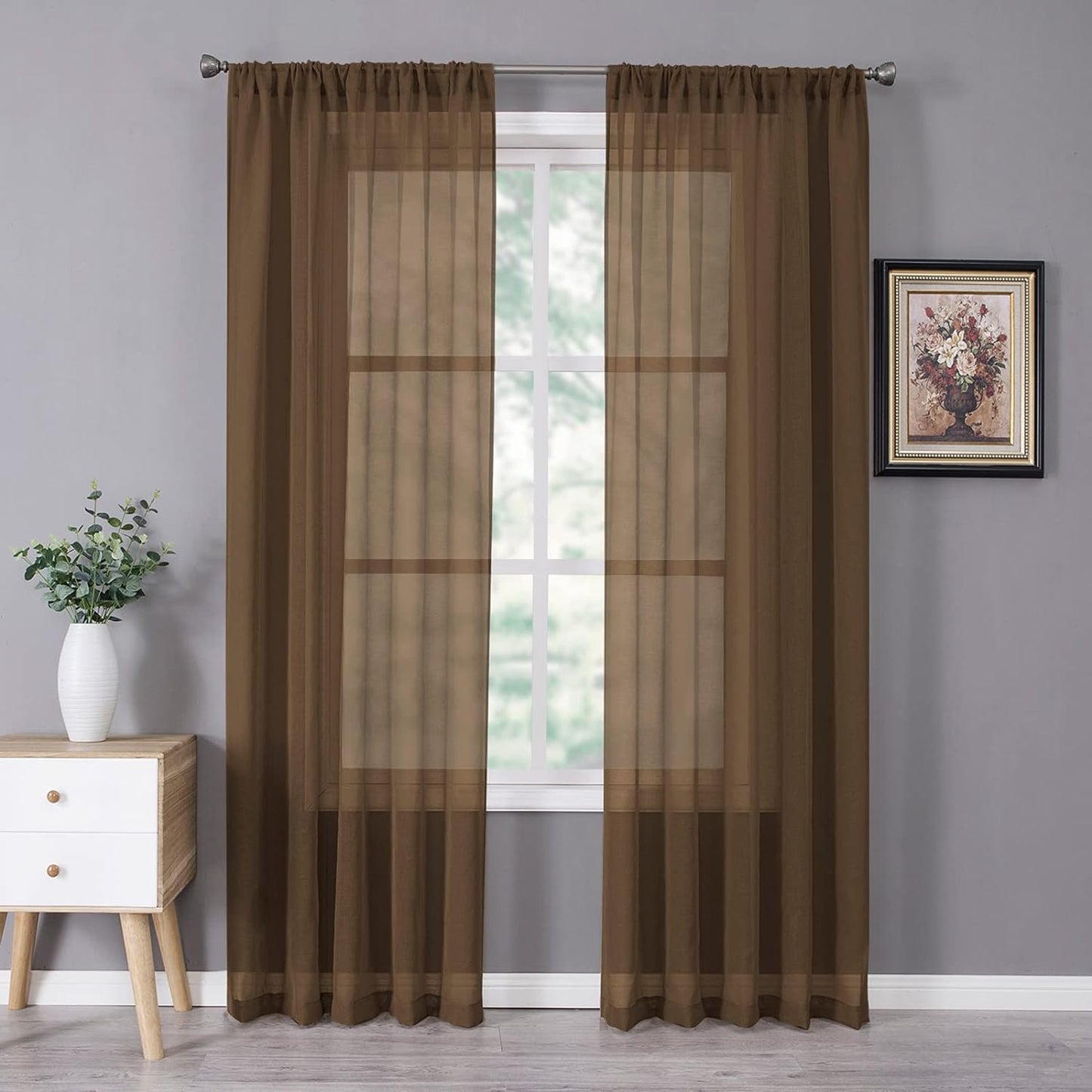 Tollpiz Sheer Curtain Linen Textured Living Room Curtains Sheer Light Filtering Rod Pocket Voile Curtain for Bedroom, 54 x 72 inches Long, Brown, Set of 2 Panels
