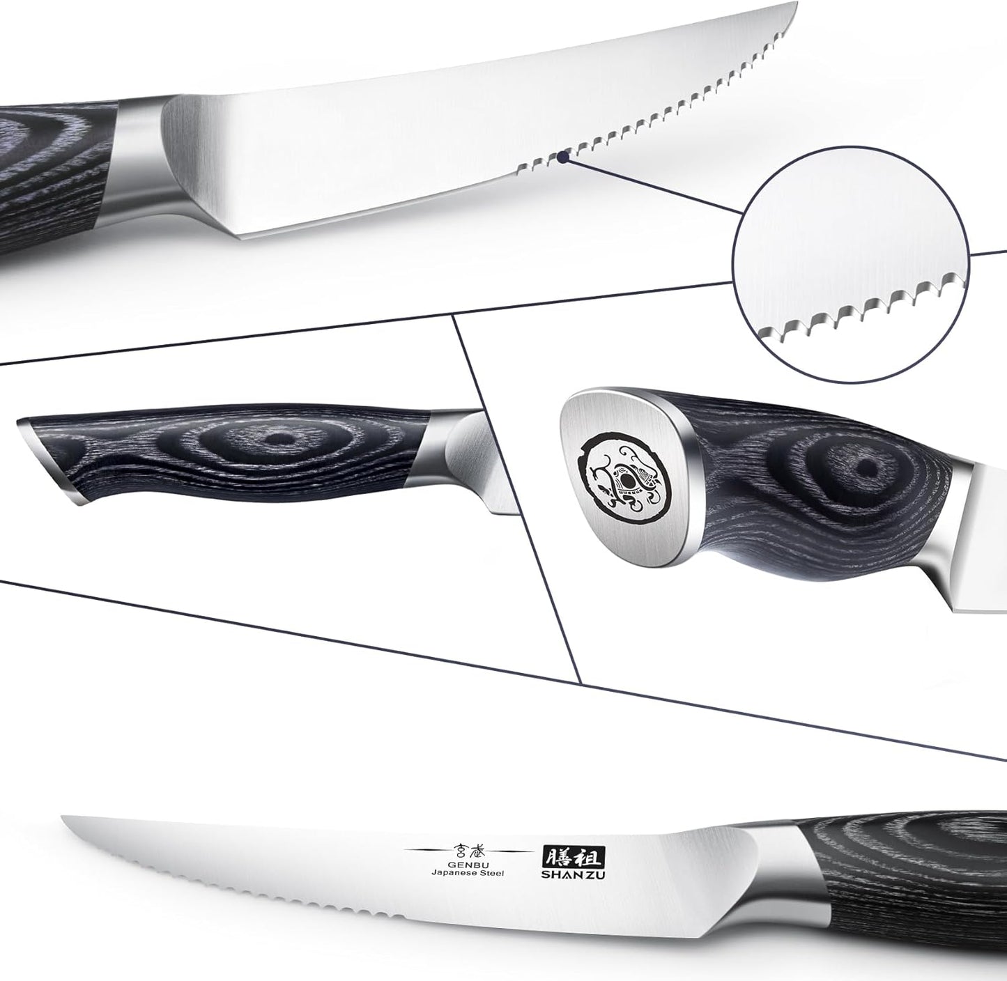 SHAN ZU 6 Pc Steak Knife Set, 4.5 Inch High Carbon Japanese Super Steel Steak Knives, Ultra Sharp Kitchen Steak Knife with K133 Ergonomic Handle, Black Tortoise Genbu Series