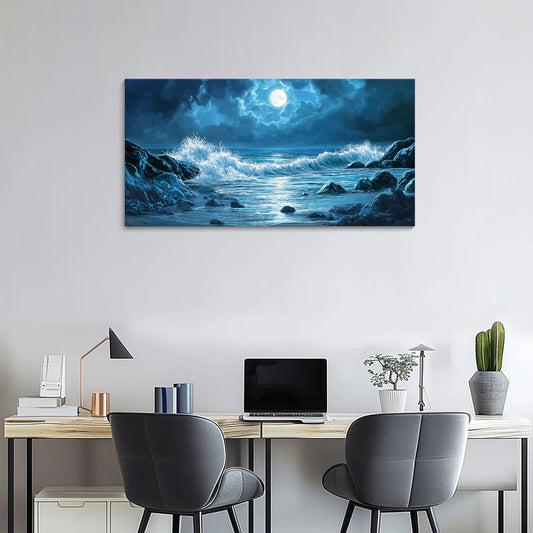 CHATYOUNG Blue Ocean Waves Landscape Wall Art, Beach Moon Sea Waves Night View Modern Canvas Wall Painting for Living Room Bedroom Office Bathroom Birthday Gift Home Decor 20x40 In