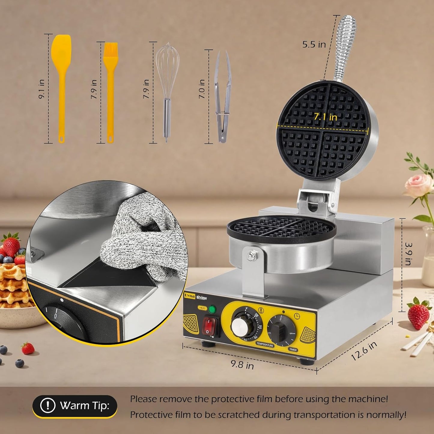 Dyna-Living Commercial Waffle Maker Restaurant, 1200W Professional Waffle Maker Commercial Waffle Iron Non-stick Classic Waffle Machine Electric Waffle Bowl Maker for Home, Hotel