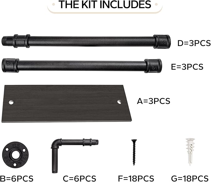 3-Tier Industrial Pipe Floating Shelf – Rustic 48 inch Wood Wall-Mounted Storage Shelf for Kitchen Office,Bathroom & Home Decor -Black