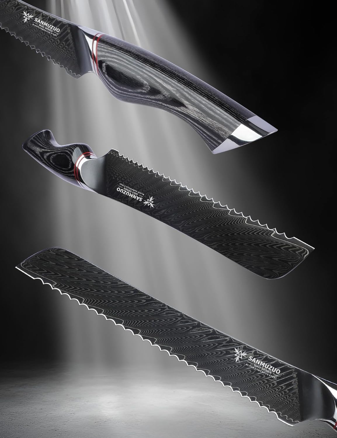 8 Inch Bread Knife Serrated Blade - Black Damascus Steel with Ergonomic Handle - MIAO Series