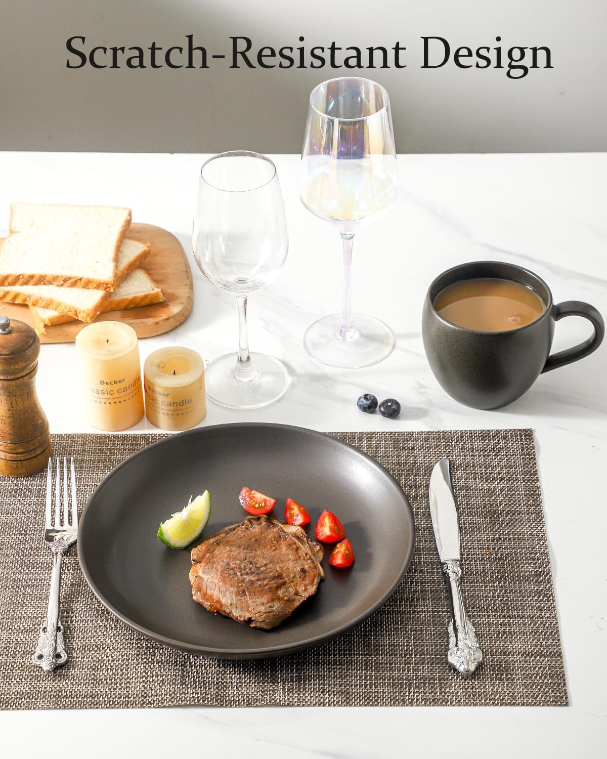 Stoneware Dinner Plates, 10 Inch Serving Dishes Set of 4 for Kitchen, Ceramic Dinnerware Dishes for Steak, Pancakes, Scratch Resistant Plate Set, Microwave & Dishwasher Safe, Matte Black