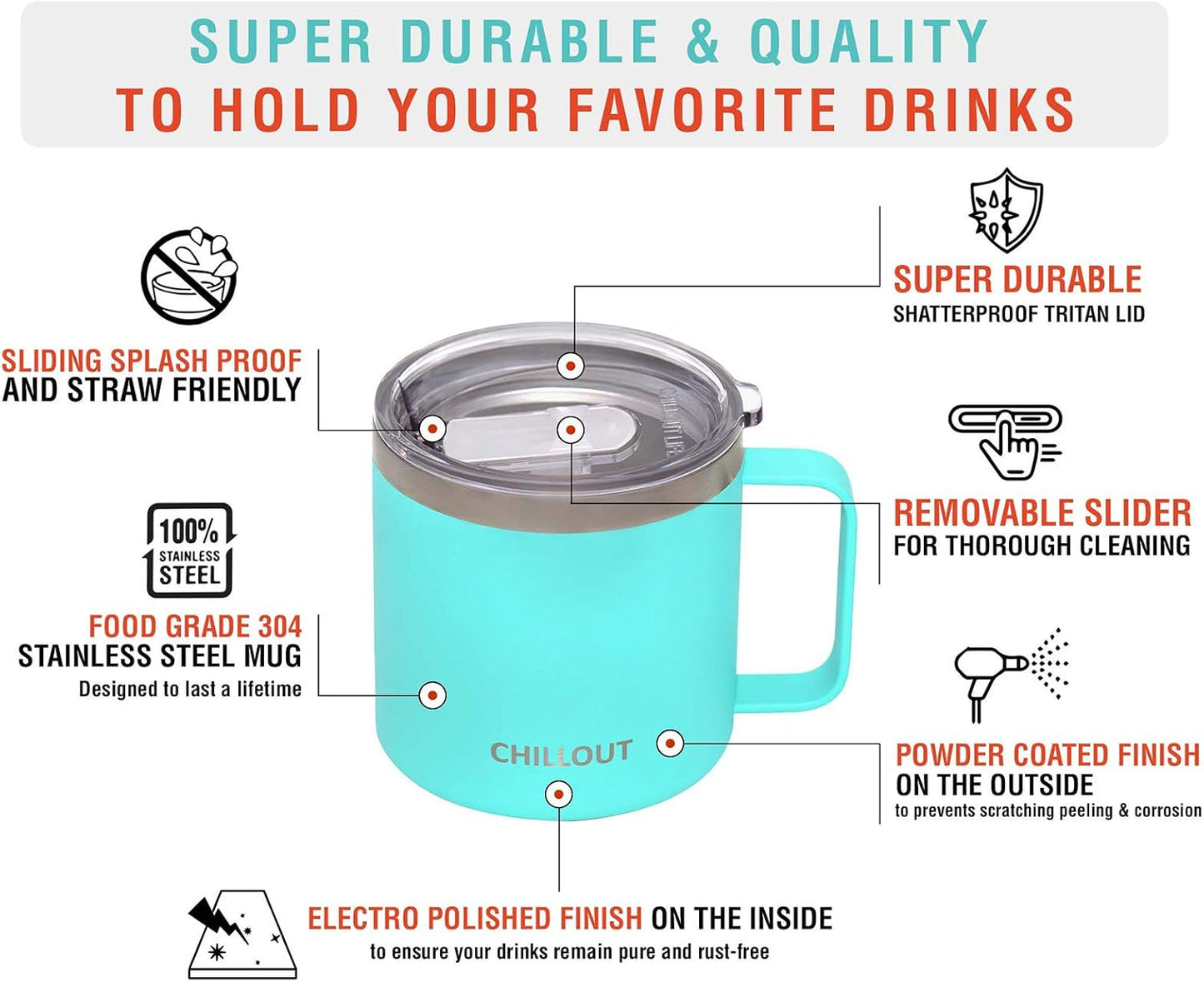 CHILLOUT LIFE Stainless Steel 16 oz Vacuum Insulated Coffee Mug with Handle and Lid, Large Thermal Camping Coffee Mug Cup with Durable Sliding Lid for Men & Women, Keeps your Beverages Hot/Cold