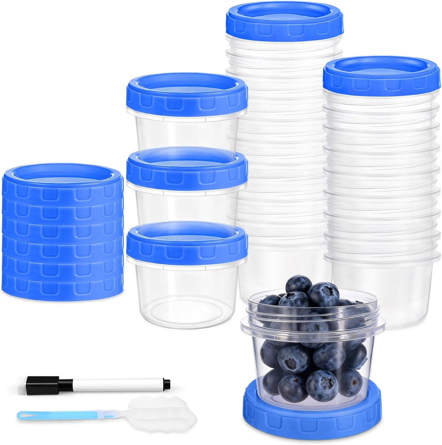 24 Pcs 4 oz Plastic Containers with Screw Lids, Reusable 1/2 Cup Small Food Storage Containers, Airtight Freezer Containers, Microwave & Dishwasher Safe, with Pen and Brush