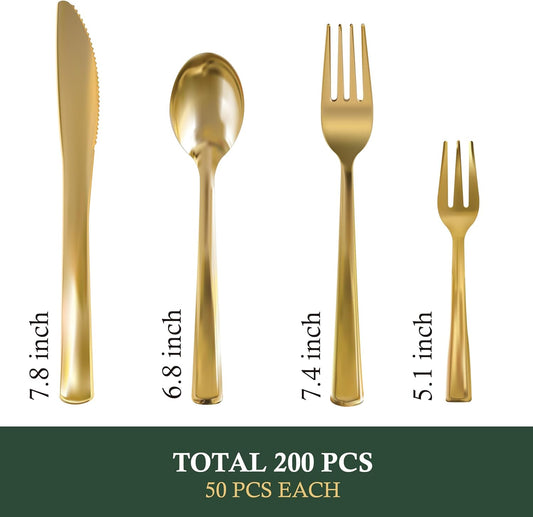 Neatiffy 200 Pcs Gold Plastic Silverware Disposable Cutlery Set, Includes 50 Forks, 50 Spoons, 50 Knives, 50 Medium Forks, Utensils Set for Catering, Parties, Dinners, Weddings