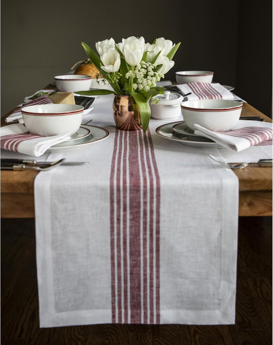 Solino Home Linen Table Runner 36 Inches - 100% Pure Linen Burgundy and White Farmhouse Table Runner 14 x 36 Inch Ideal for Dresser and Coffee Tables - Fall, Autumn, Halloween, Thanksgiving, Christmas