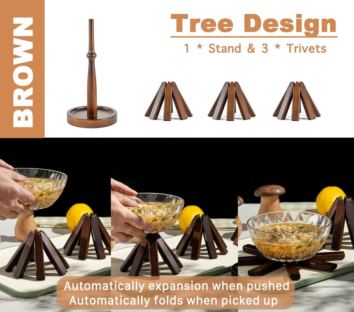 Wooden Tree Shape Trivet Set, Bamboo Trivet Set with Organizer Rack Coaster Home Decor, Creative Housewarming Gift，Brown