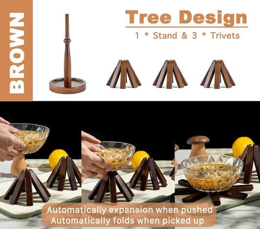 Wooden Tree Shape Trivet Set, Bamboo Trivet Set with Organizer Rack Coaster Home Decor, Creative Housewarming Gift，Brown