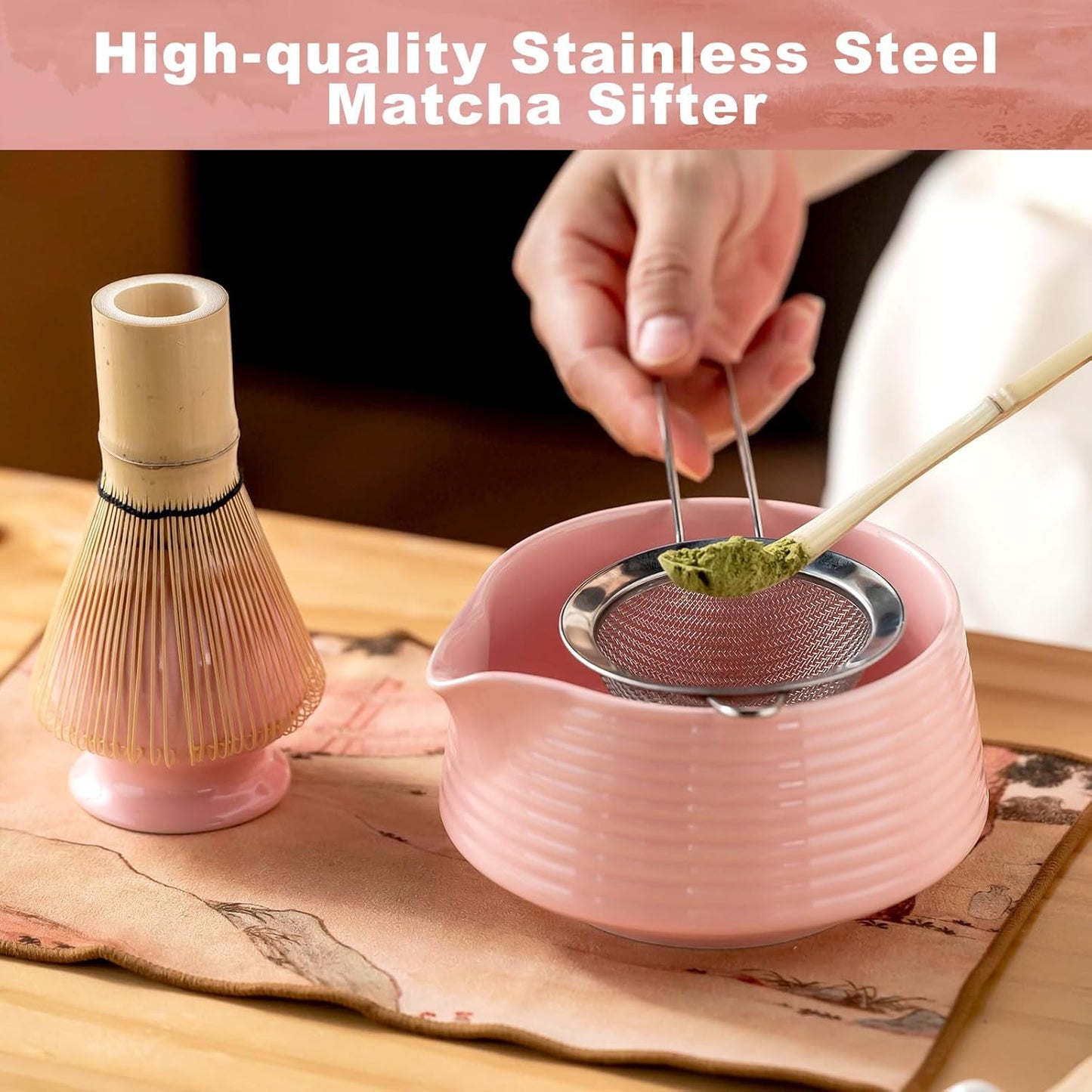Matcha Whisk Set,Includes Ceramic Matcha Bowl, Bamboo Matcha Whisk and Holder, Bamboo Scoop and Spoon, Scoop Rest, Sifter and Tea Towel,Traditional Japanese Matcha Tea Ceremony Set Gift(pink)