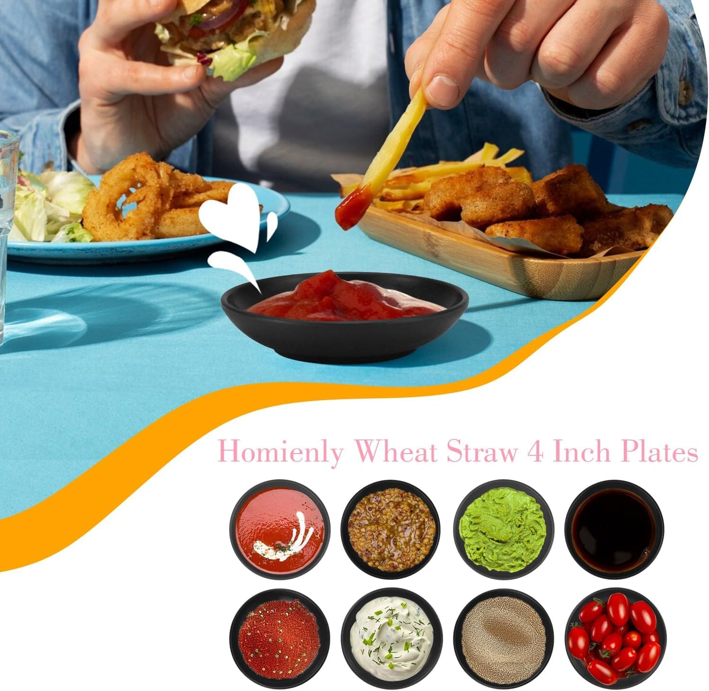 Plastic Dipping Plates Set of 8 - 4 inch Wheat Straw Plates,Soy Sauce Dish,Dipping Bowls,Small Serving Bowls for Side Dishes, Mini Appetizer Plates for Side Dishes,Condiment,BBQ and Party Dinner-Black