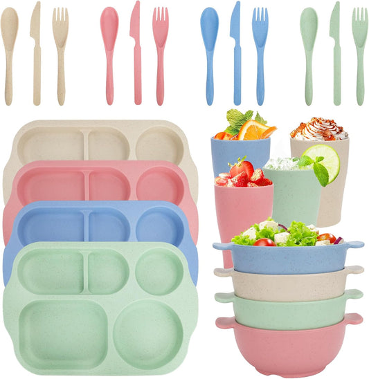 Unbreakable Dinnerware Sets for 4 People,24pcs Divided Plates and Bowls, Reusable Dinnerware Plastic Plates, Cups, Bowls, Cutlery Set for School Party, Camping, Home, Office